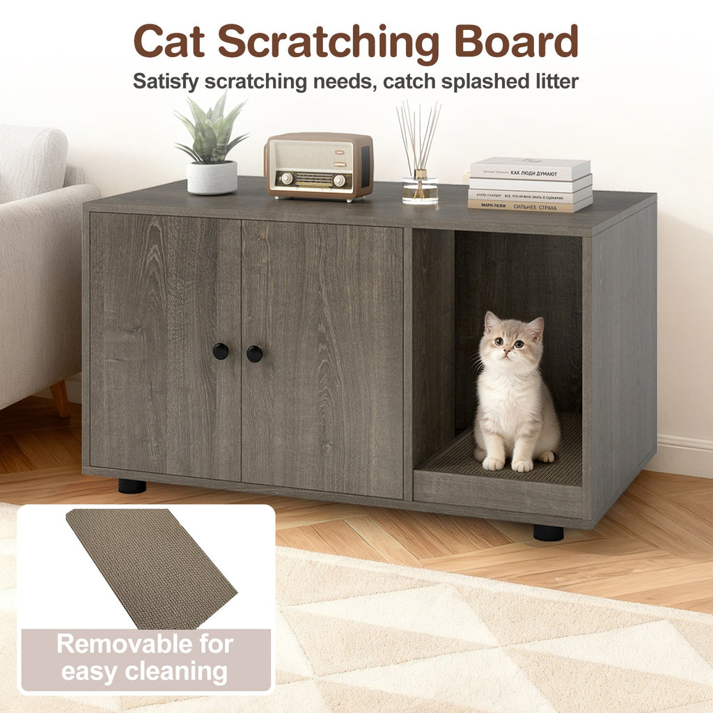 Wooden Cat Litter Box Enclosure Hidden Litter Box Furniture with Scratching Board