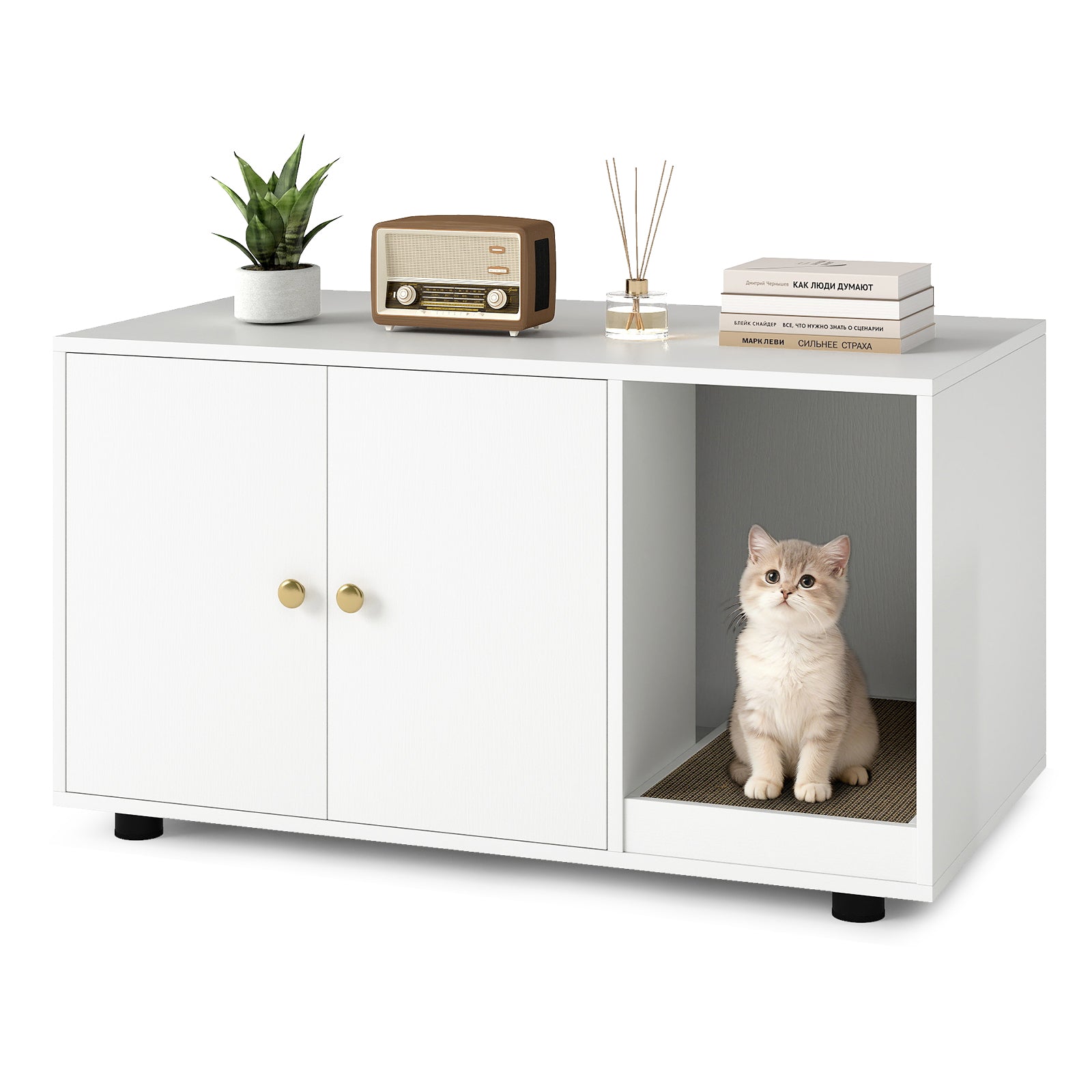 Wooden Cat Litter Box Enclosure Hidden Litter Box Furniture with Scratching Board White
