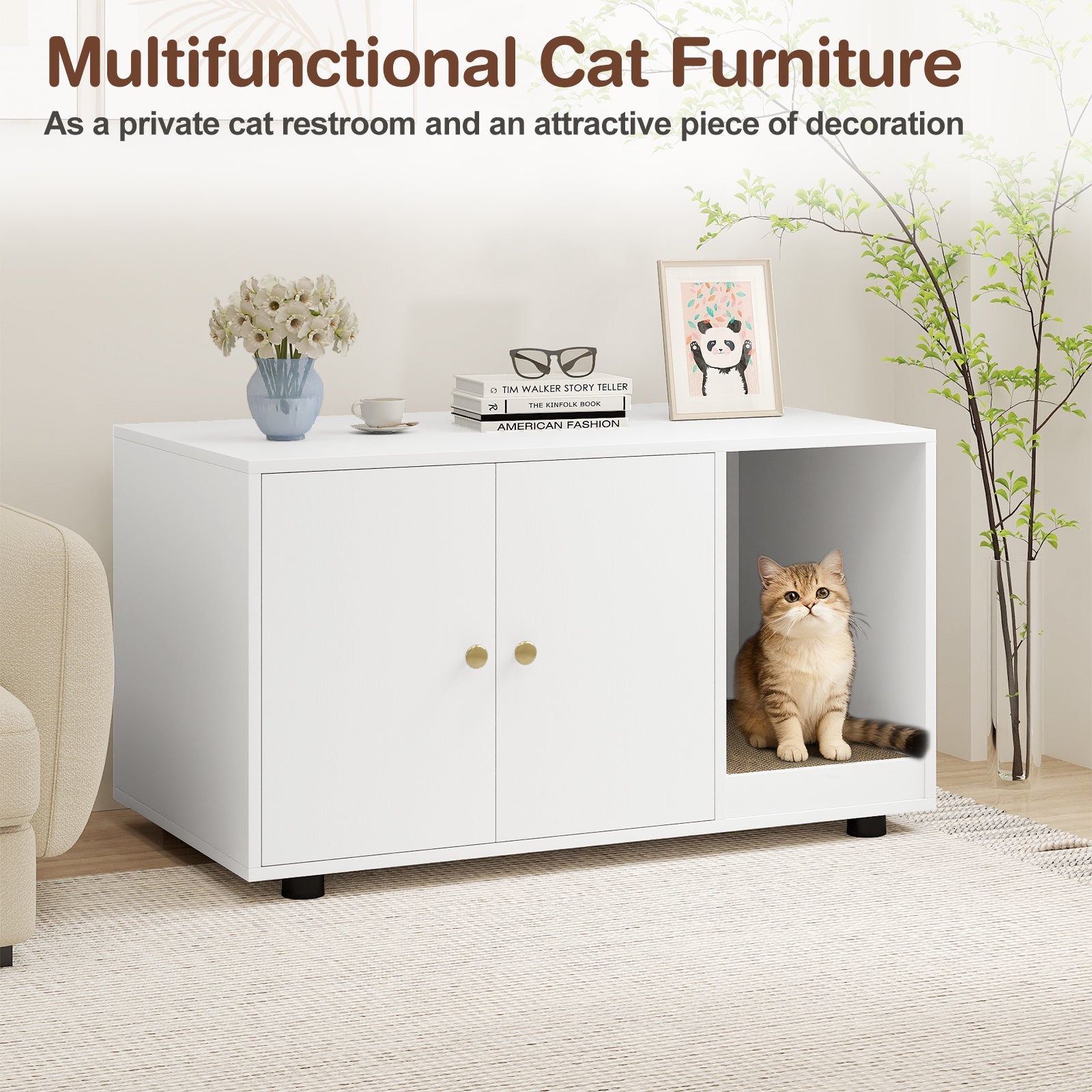 Wooden Cat Litter Box Enclosure Hidden Litter Box Furniture with Scratching Board