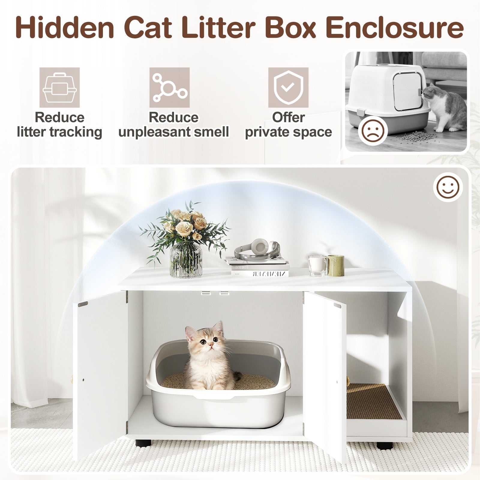 Wooden Cat Litter Box Enclosure Hidden Litter Box Furniture with Scratching Board