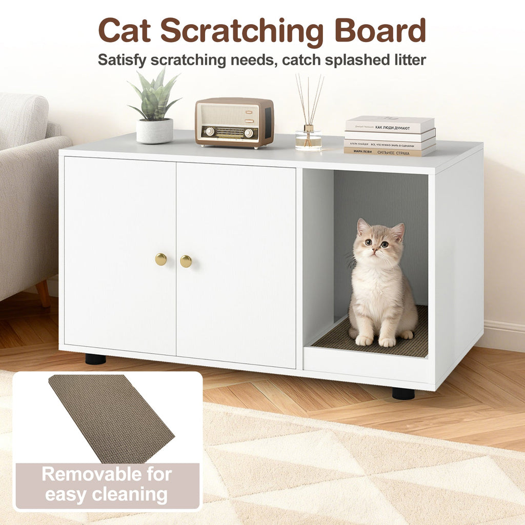 Wooden Cat Litter Box Enclosure Hidden Litter Box Furniture with Scratching Board