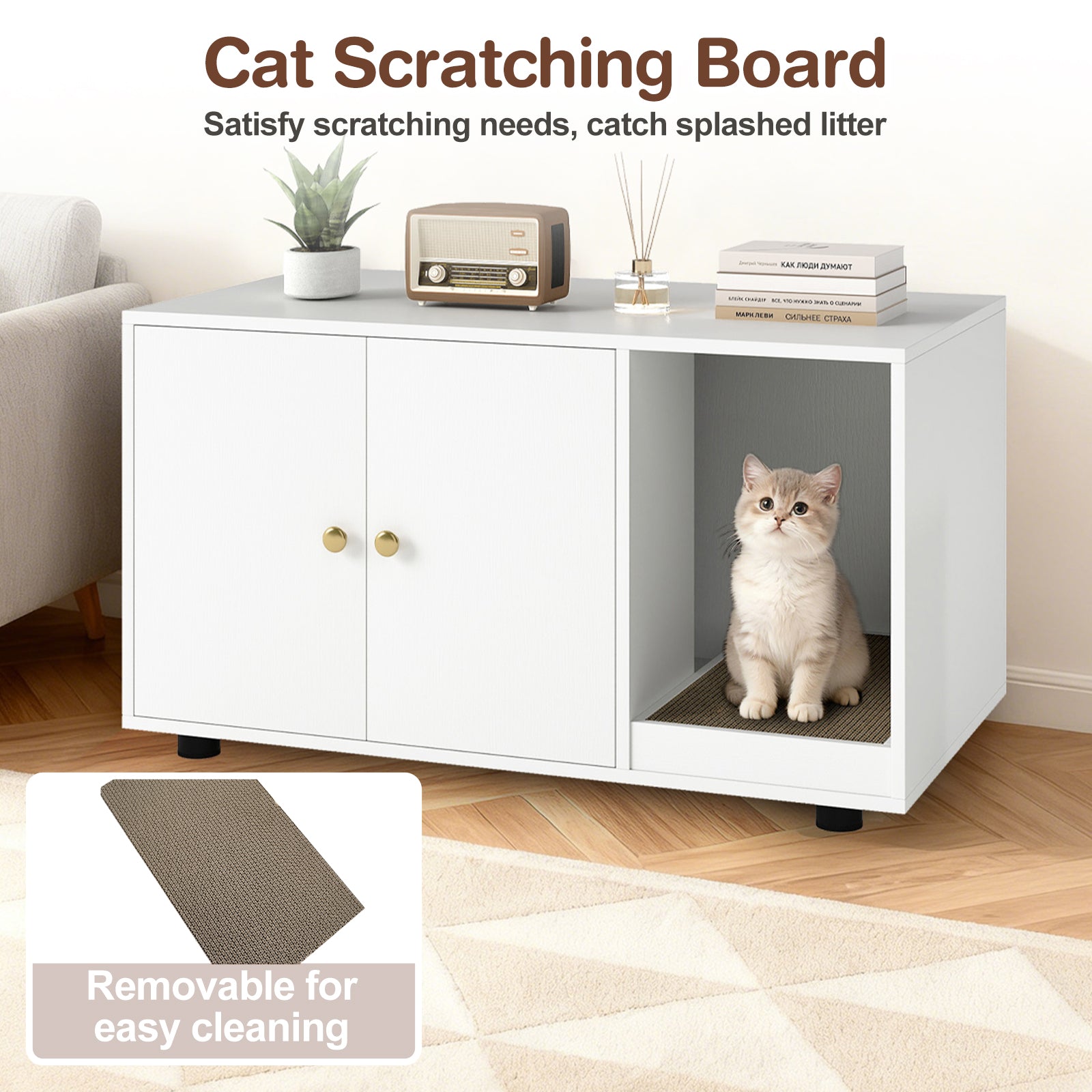 Wooden Cat Litter Box Enclosure Hidden Litter Box Furniture with Scratching Board