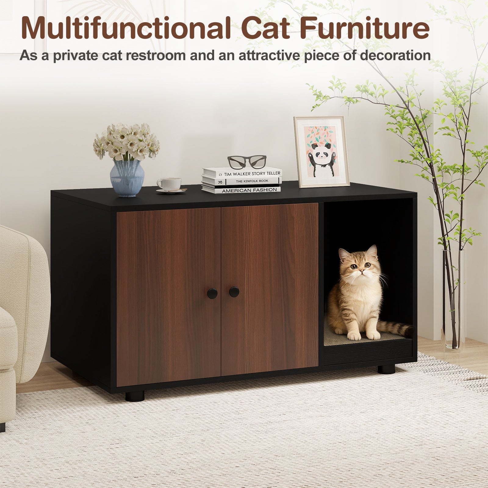 Wooden Cat Litter Box Enclosure Hidden Litter Box Furniture with Scratching Board