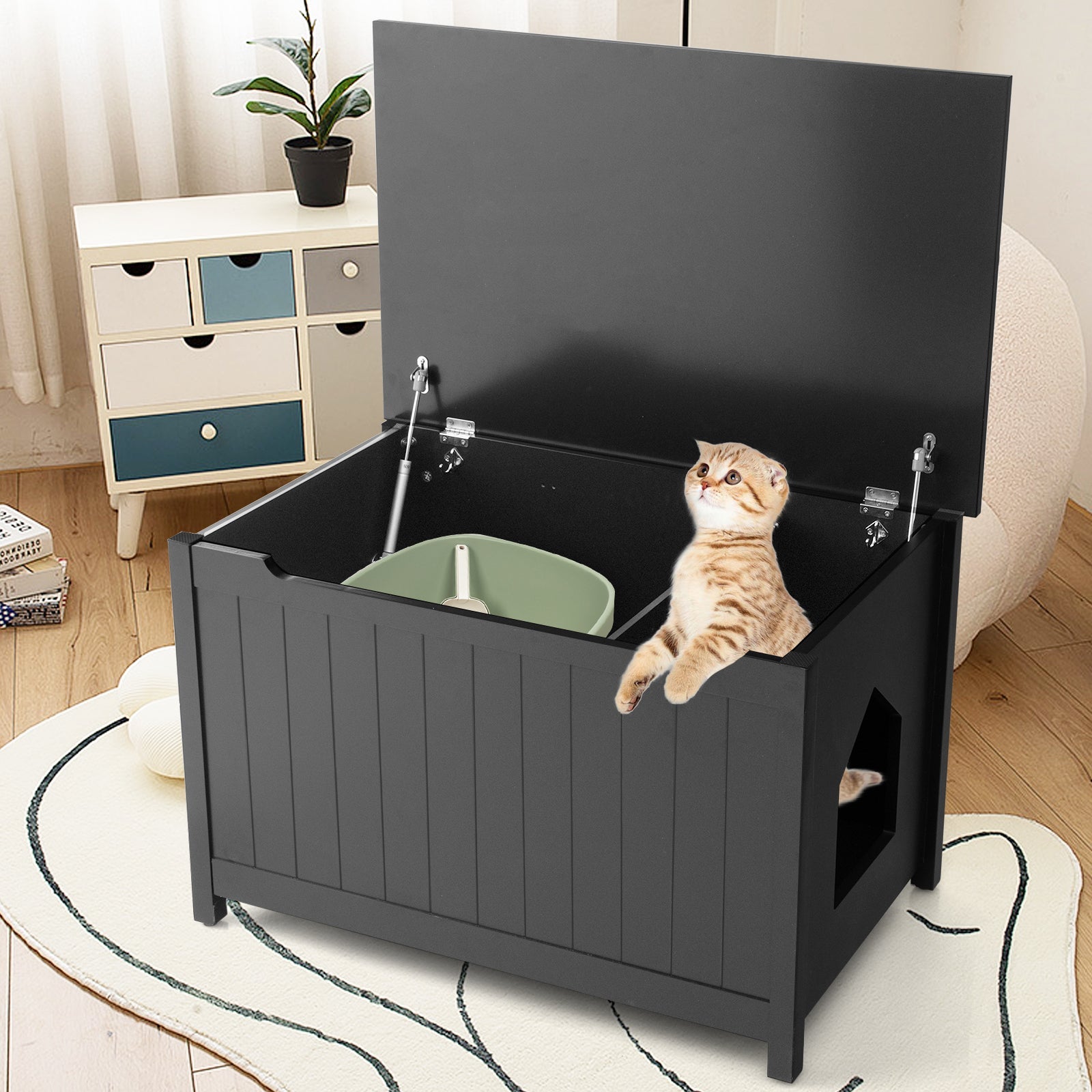 Wooden Cat Litter Box Enclosure with Top Opening Side Table Furniture