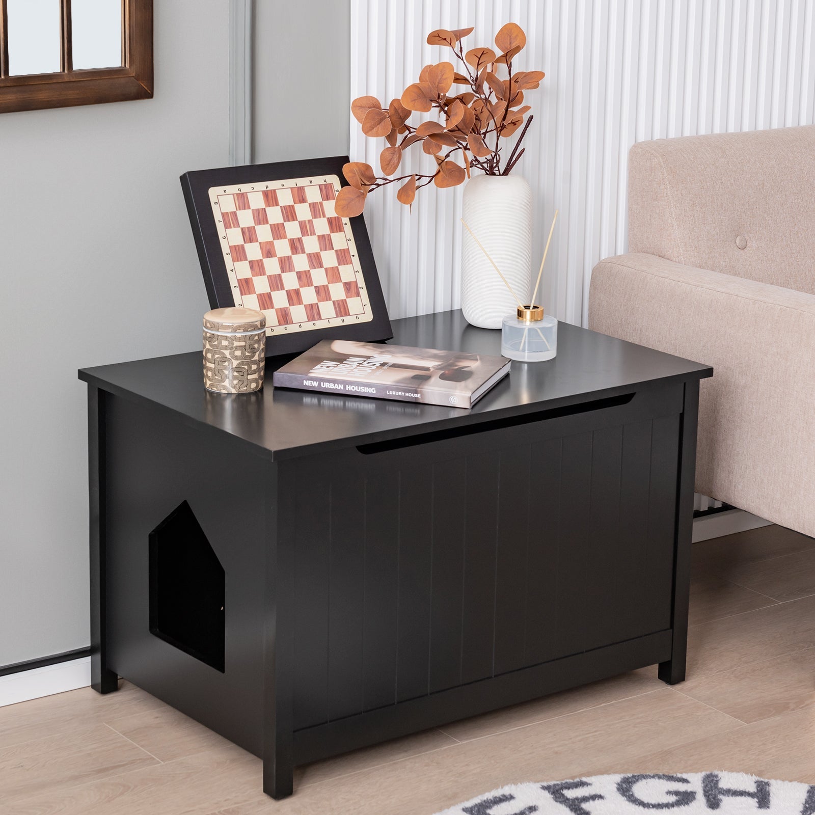 Wooden Cat Litter Box Enclosure with Top Opening Side Table Furniture