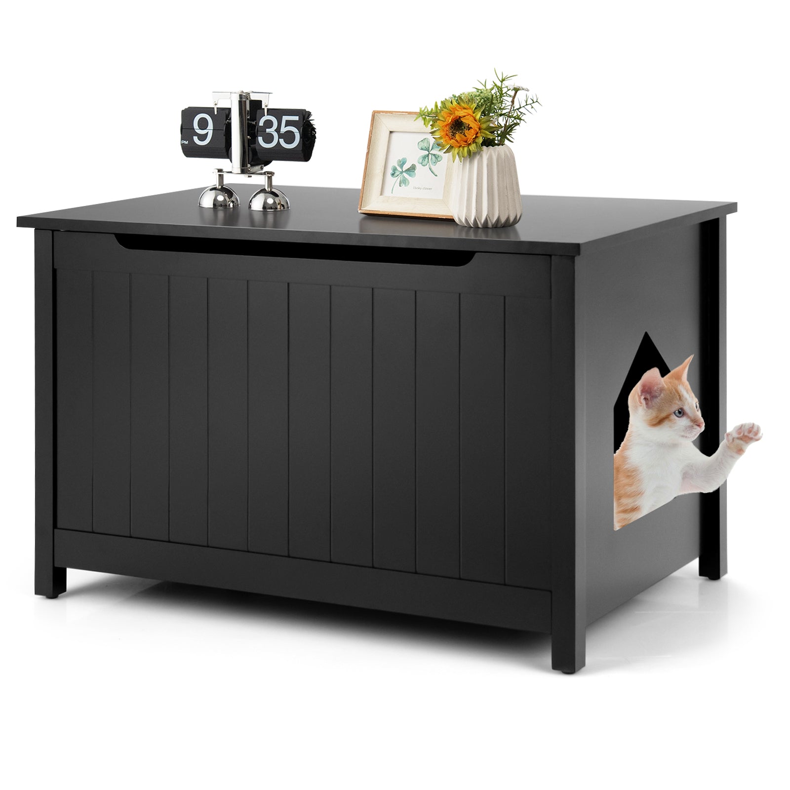 Wooden Cat Litter Box Enclosure with Top Opening Side Table Furniture Black