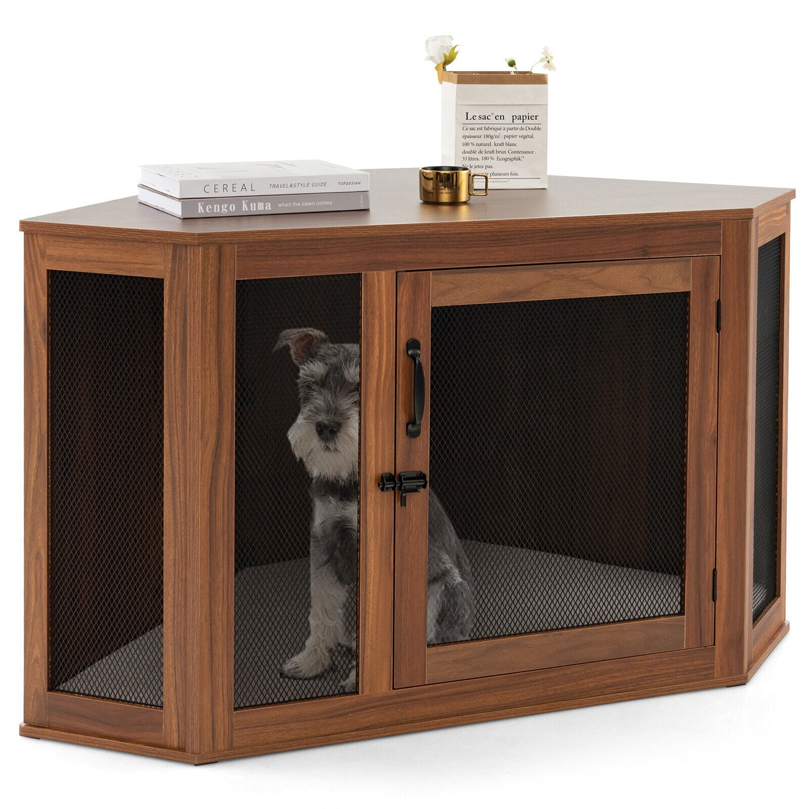 Corner Dog Kennel with Mesh Door and Cushion-Brown Default Title