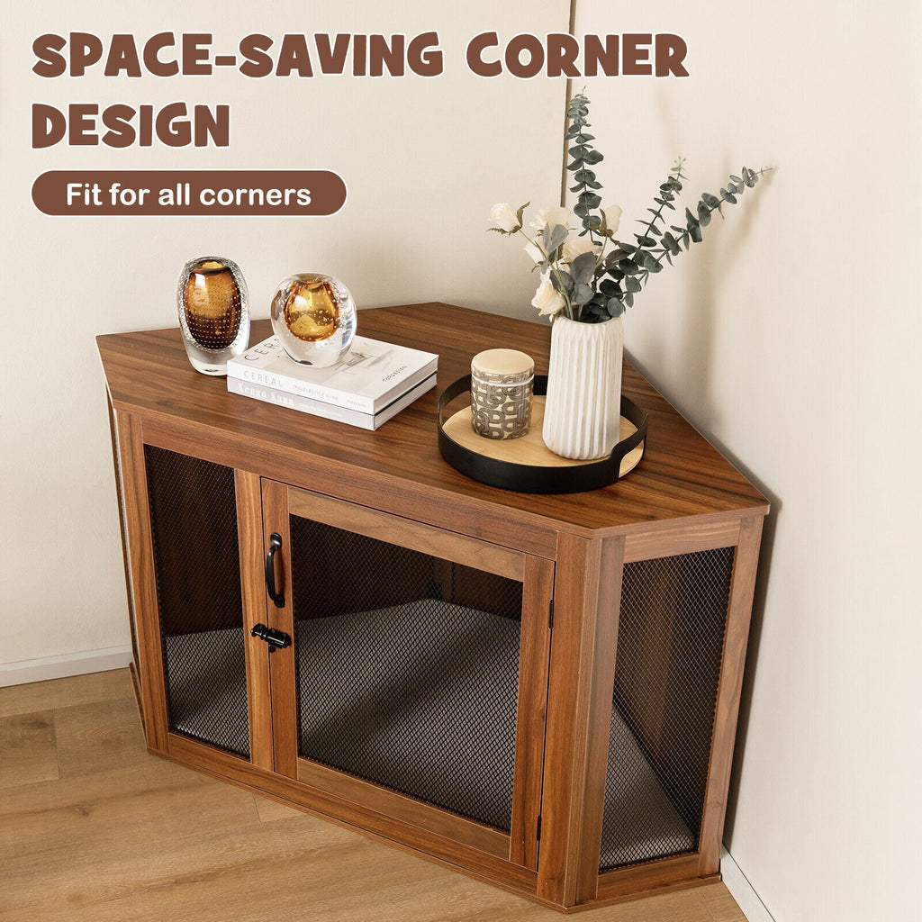 Corner Dog Kennel with Mesh Door and Cushion-Brown