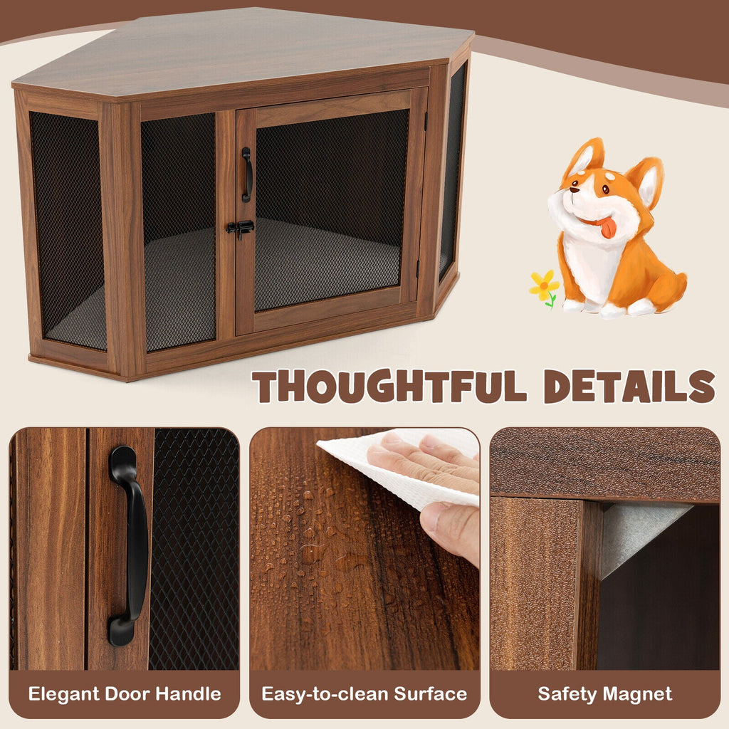 Corner Dog Kennel with Mesh Door and Cushion-Brown