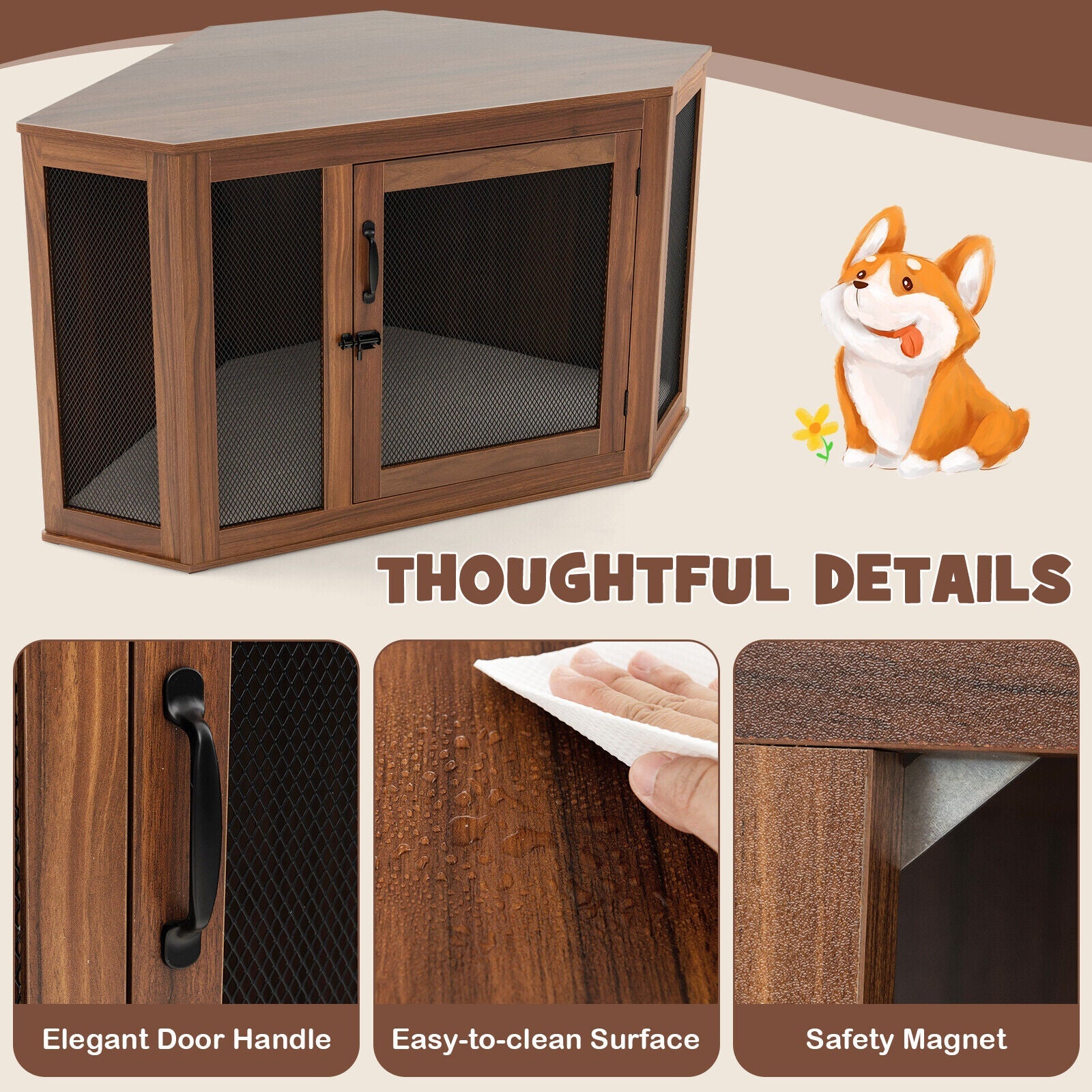 Corner Dog Kennel with Mesh Door and Cushion-Brown