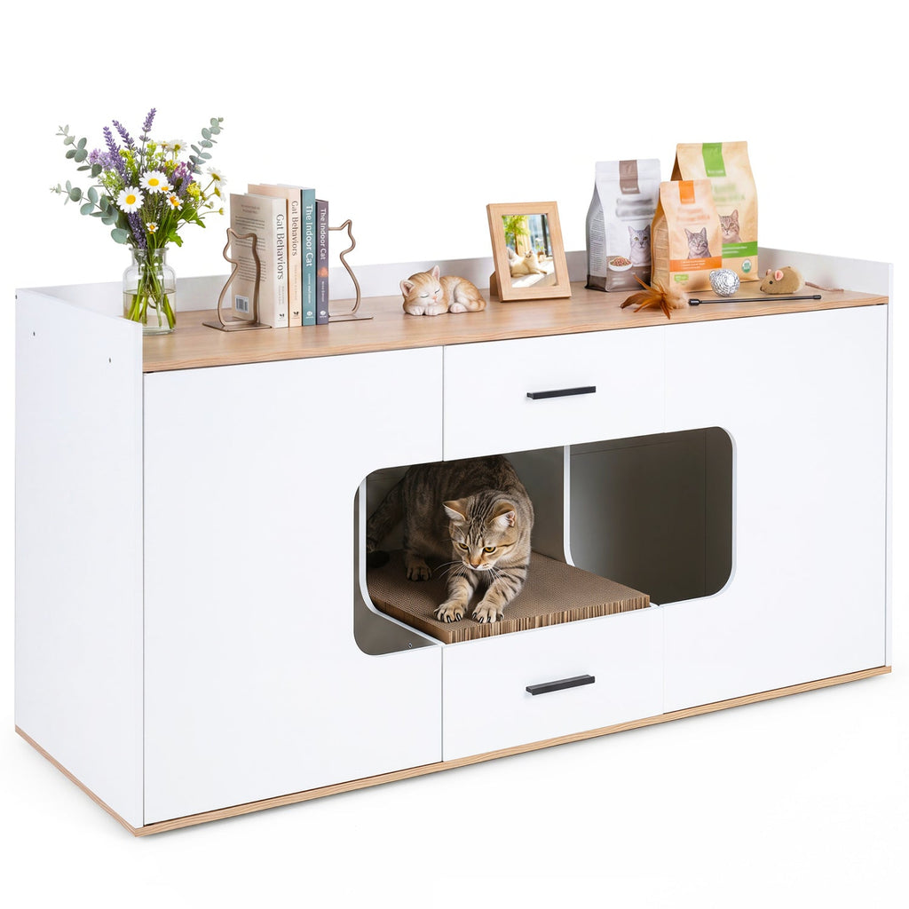 Cat House Cabinet with Litter Box Storage and Drawers