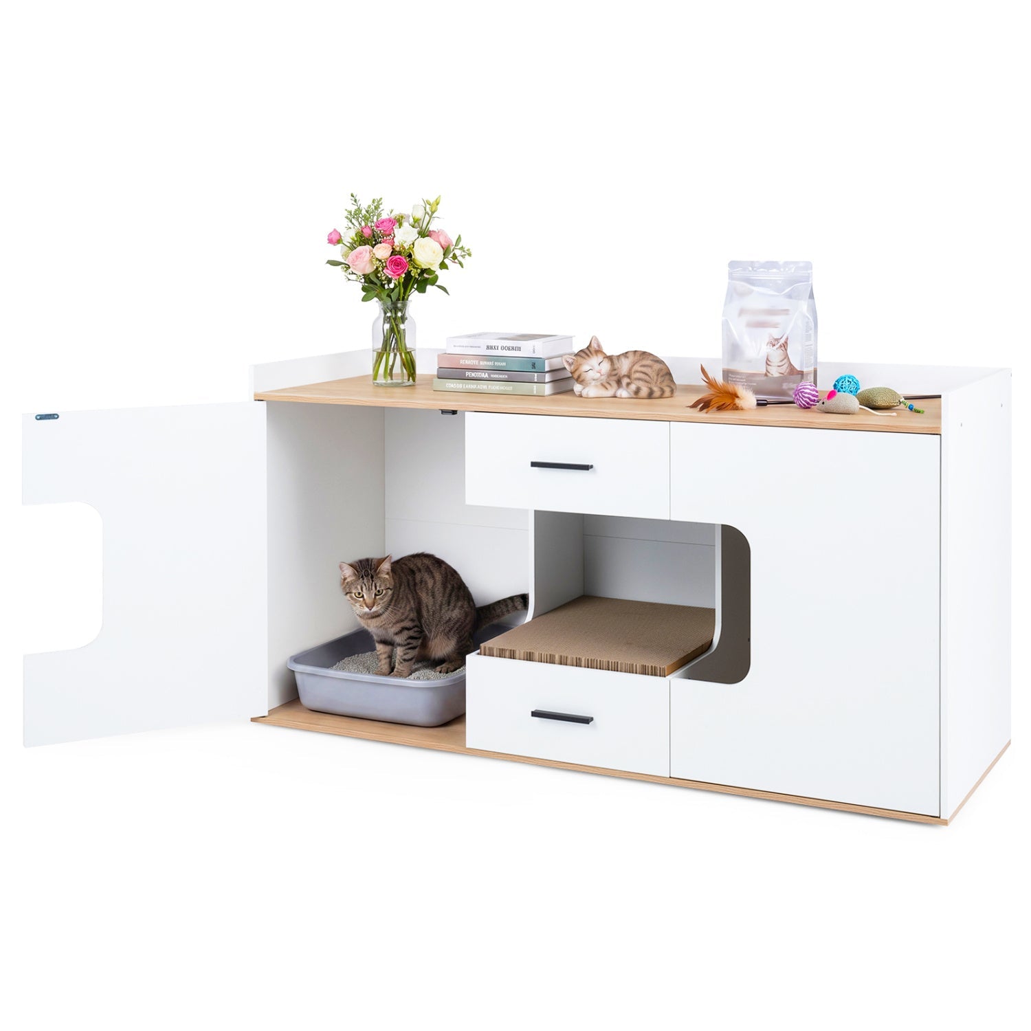 Cat House Cabinet with Litter Box Storage and Drawers