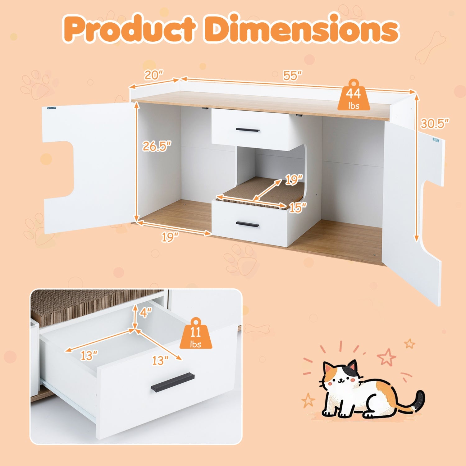 Cat House Cabinet with Litter Box Storage and Drawers