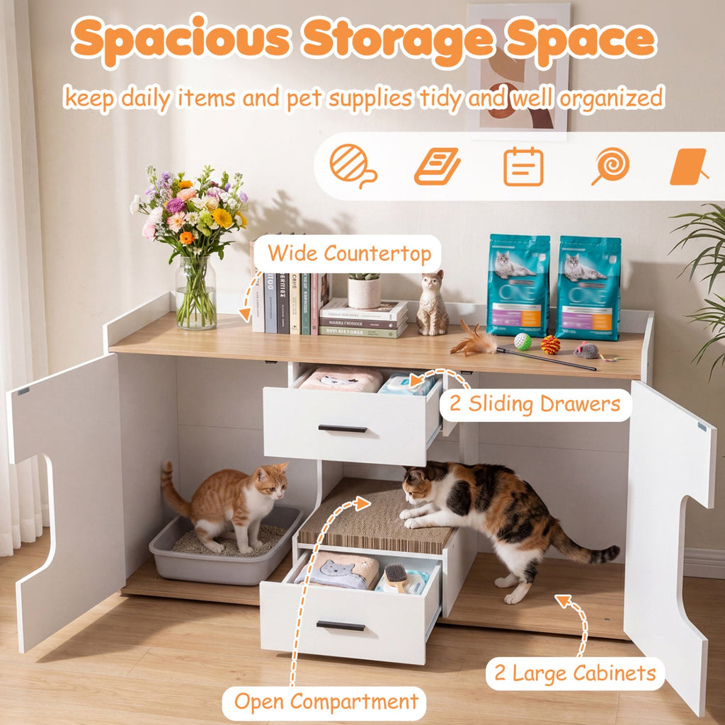 Cat House Cabinet with Litter Box Storage and Drawers