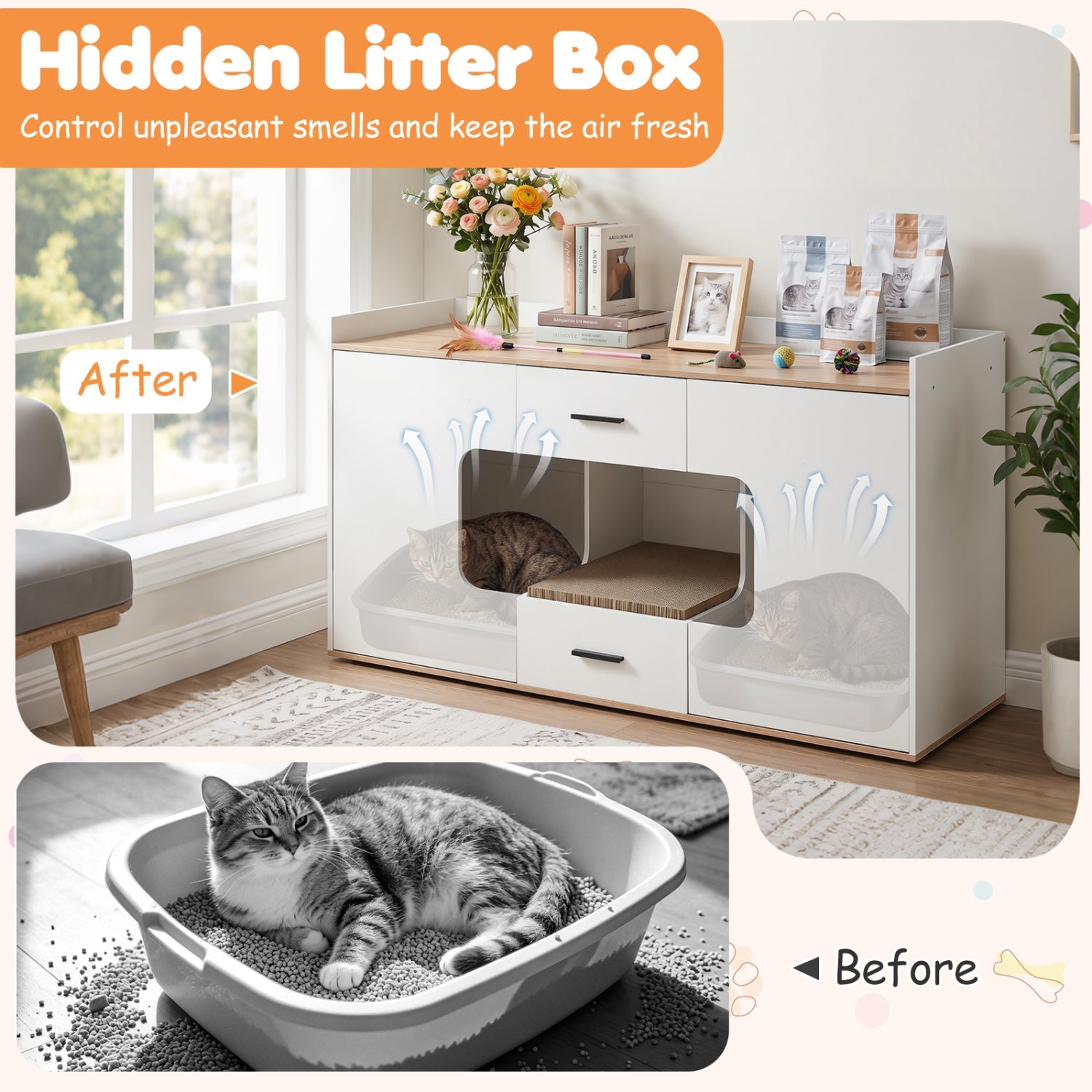 Cat House Cabinet with Litter Box Storage and Drawers