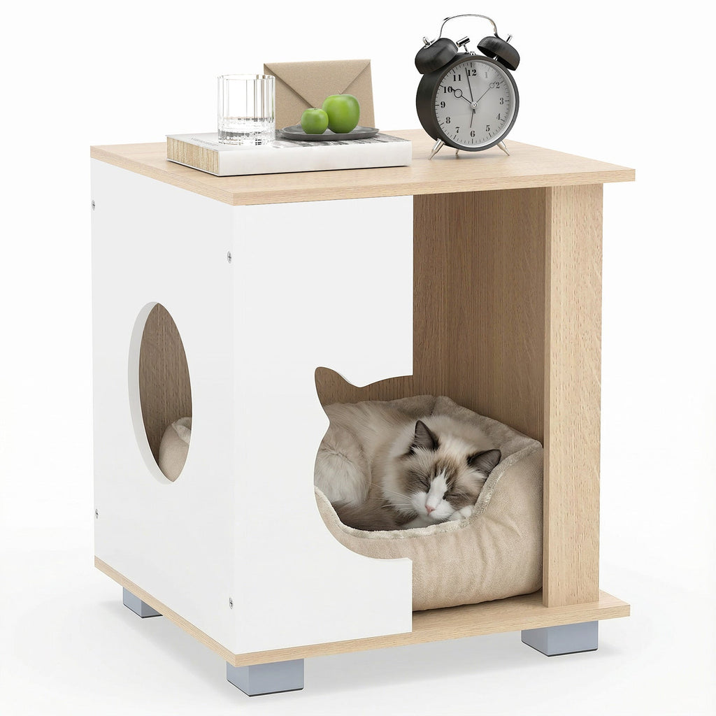Wooden Semi-enclosed Cat Condo with Kitty Head-shaped Entry and Metal Legs-Natural