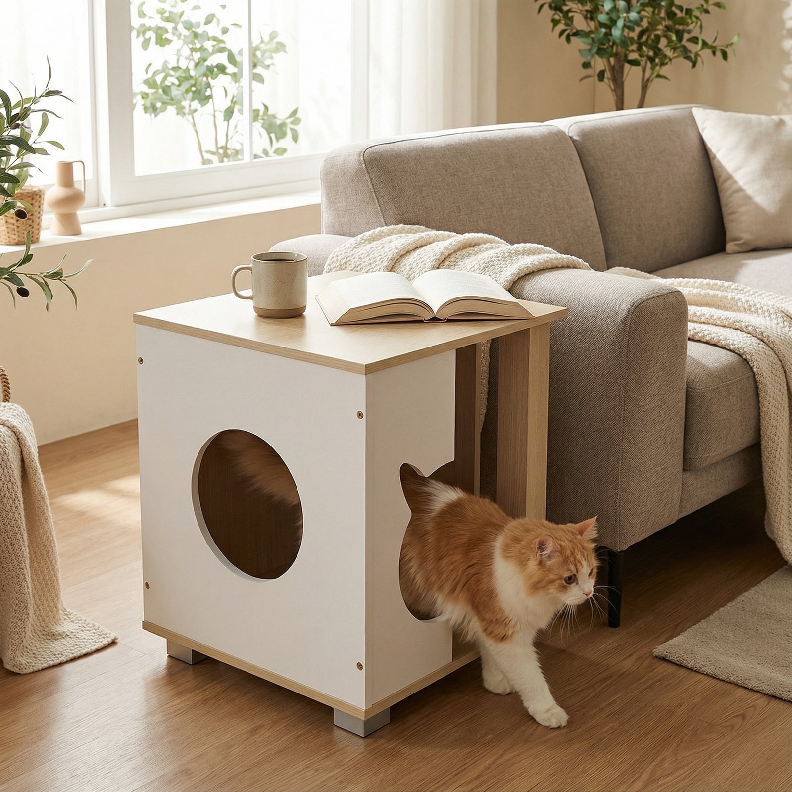 Wooden Semi-enclosed Cat Condo with Kitty Head-shaped Entry and Metal Legs-Natural