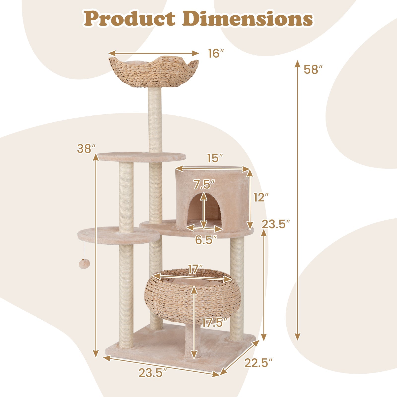 59 Inches Cattail Cat Tower with Sisal Scratching Posts and Soft Hammock-Beige