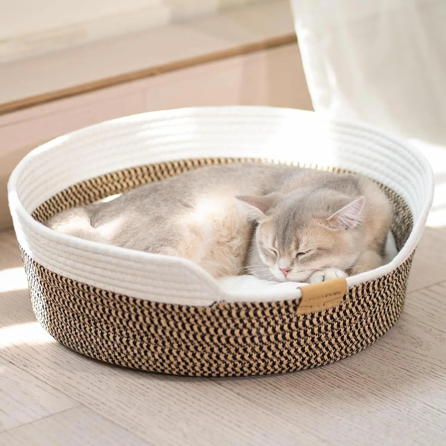 Woven Cat & Small Dog Bed Basket Cushion 18.5in Washable in 3 Colors Brown