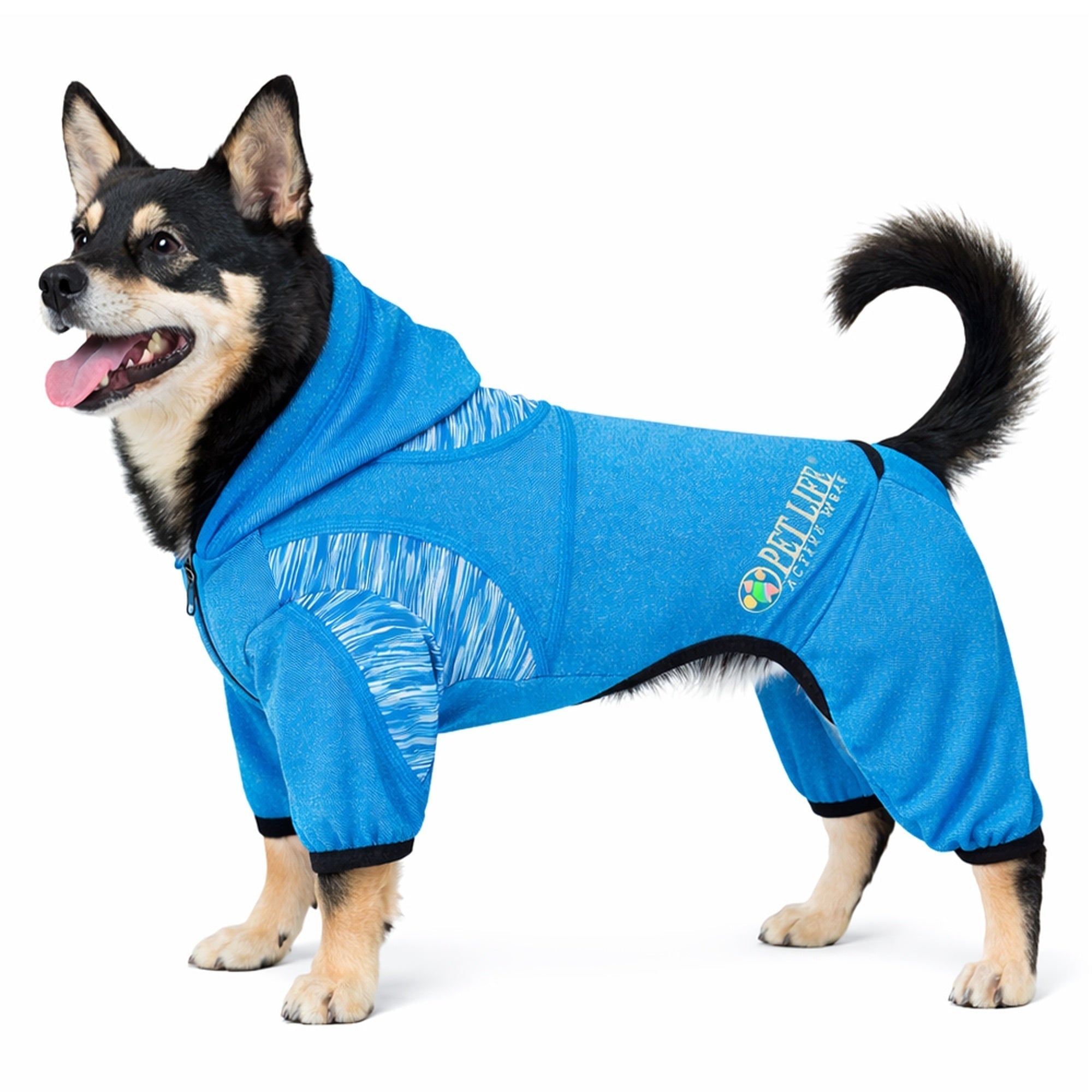 Pet Life ® Active 'Pawsterity' Mediumweight 4-Way-Stretch Yoga Fitness Dog Tracksuit Hoodie Blue