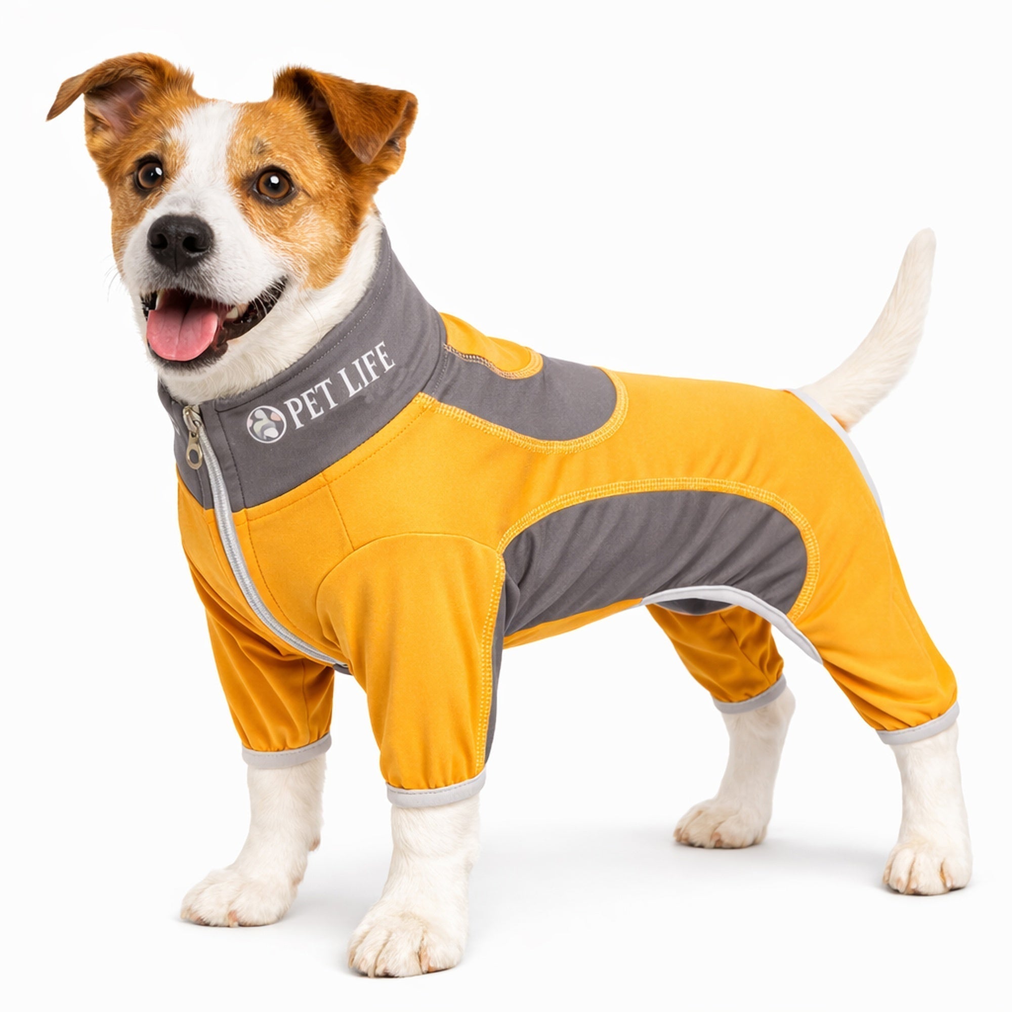 Pet Life ® Active 'Warm-Pup' Stretchy and Quick-Drying Fitness Dog Yoga Warm-Up Tracksuit Sunkist Yellow Orange and Gray