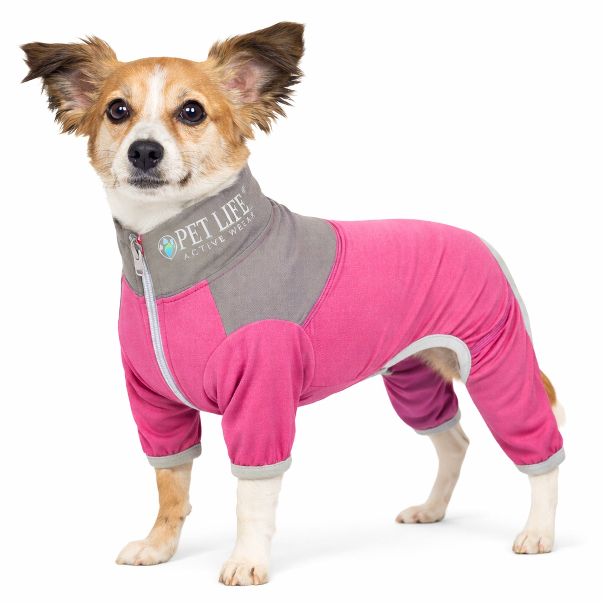 Pet Life ® Active 'Embarker' 4-Way Stretch Fitness Yoga Full Body Dog Tracksuit Pink And Gray