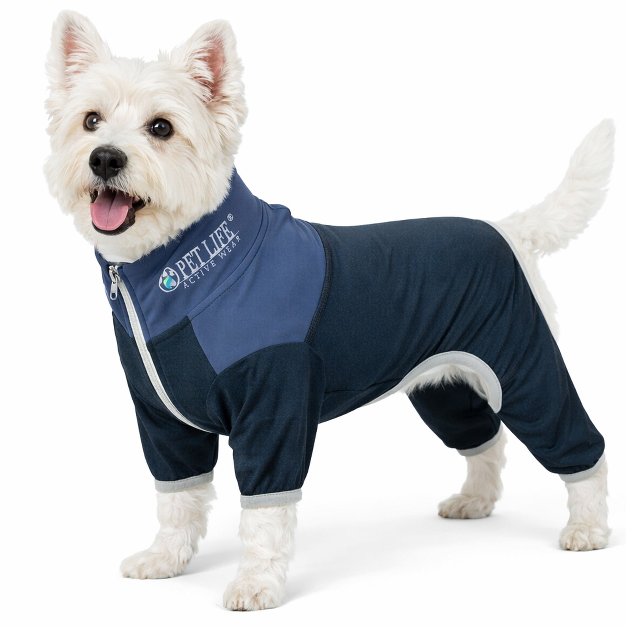 Pet Life ® Active 'Embarker' 4-Way Stretch Fitness Yoga Full Body Dog Tracksuit Teal Navy