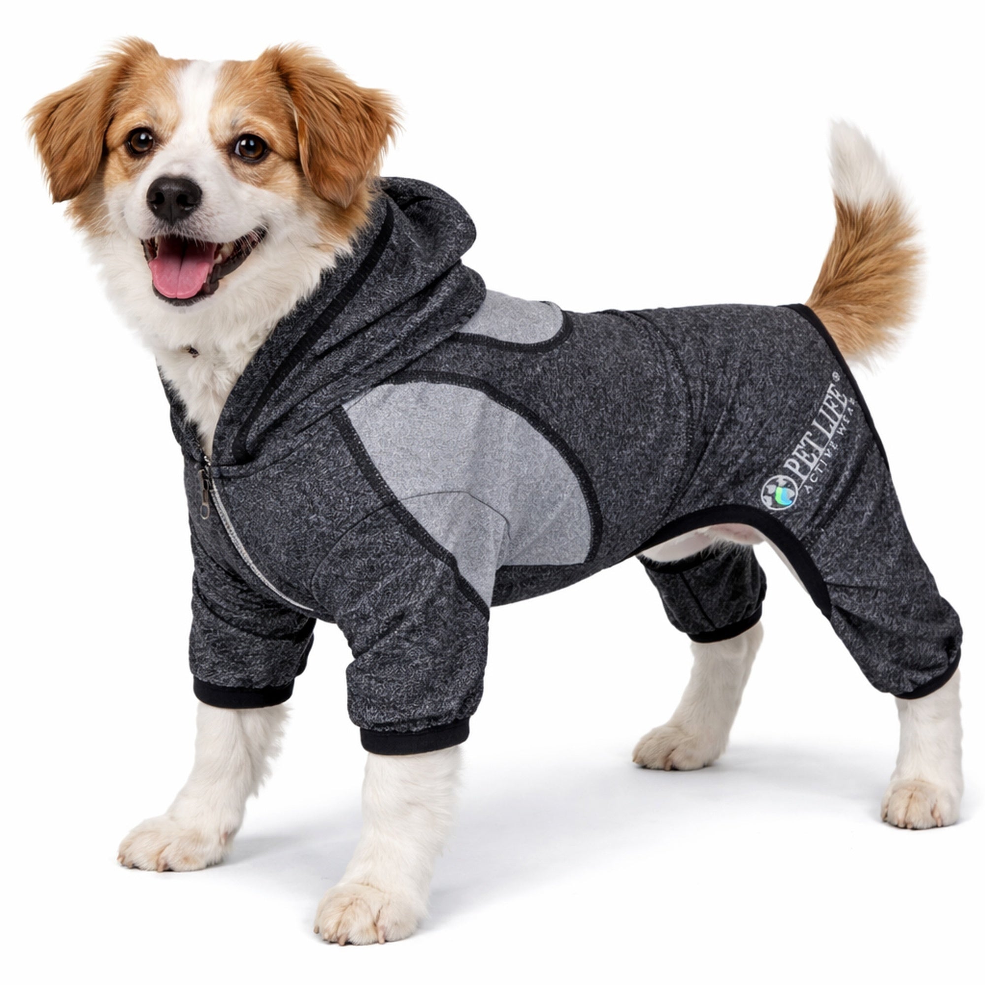 Pet Life ® Active 'Fur-Breeze' Medium-weight 4-Way-Stretch Full Body Hooded Dog Yoga sweater Black And Gray