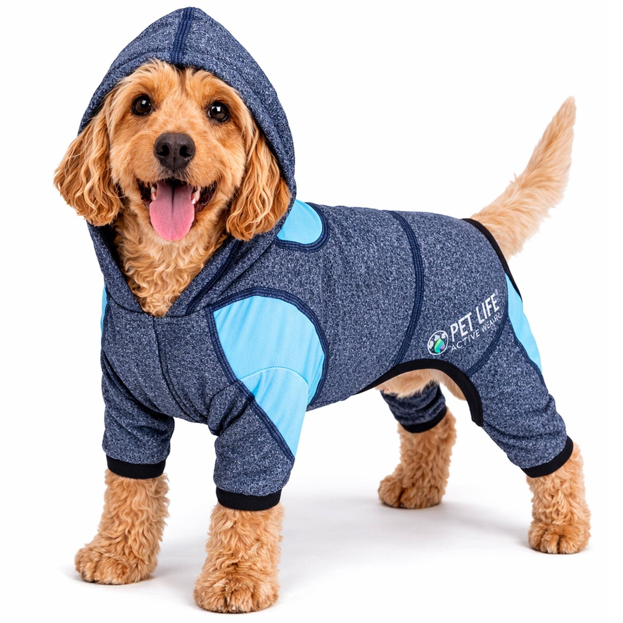 Pet Life ® Active 'Fur-Breeze' Medium-weight 4-Way-Stretch Full Body Hooded Dog Yoga sweater Blue