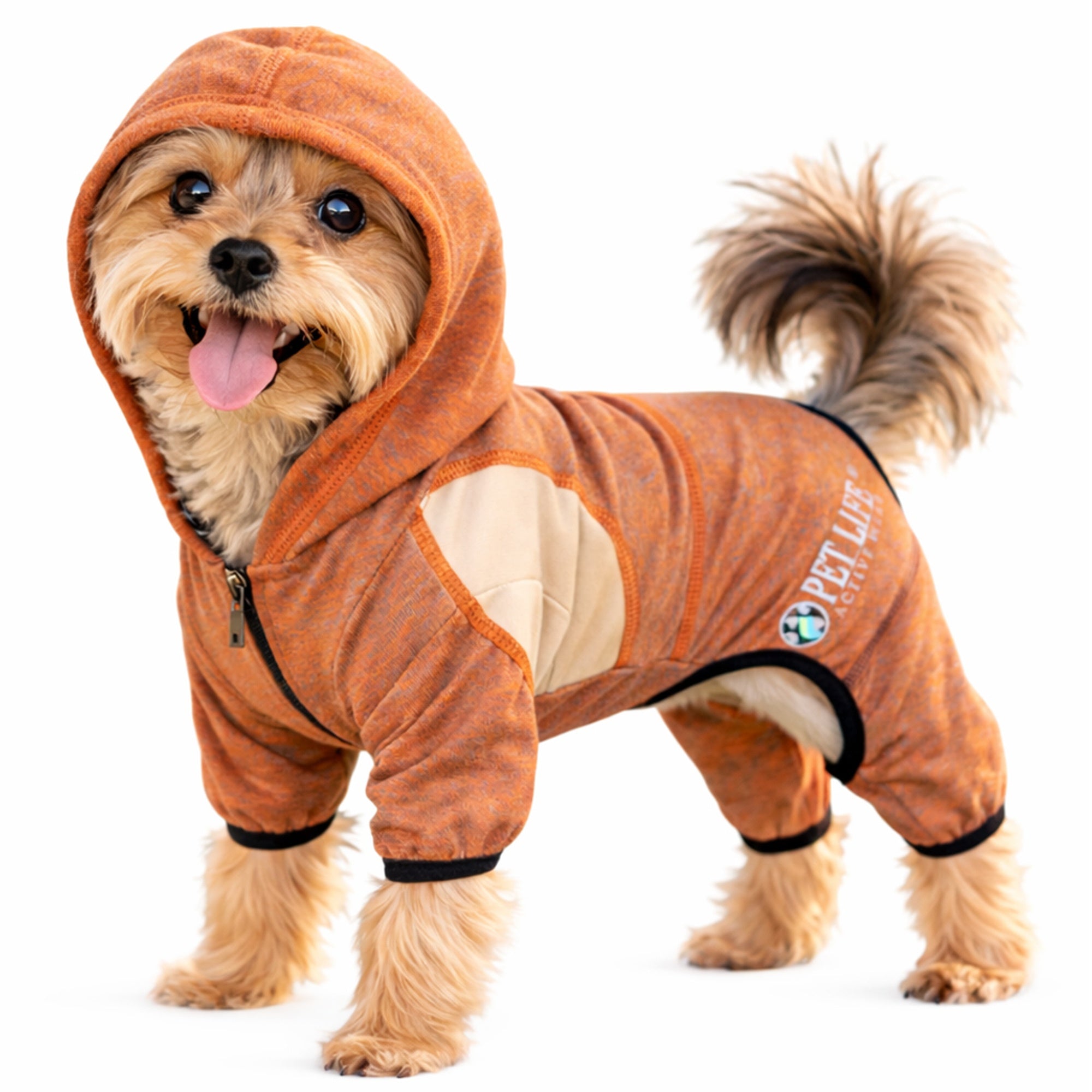 Pet Life ® Active 'Fur-Breeze' Medium-weight 4-Way-Stretch Full Body Hooded Dog Yoga sweater Burnt Orange