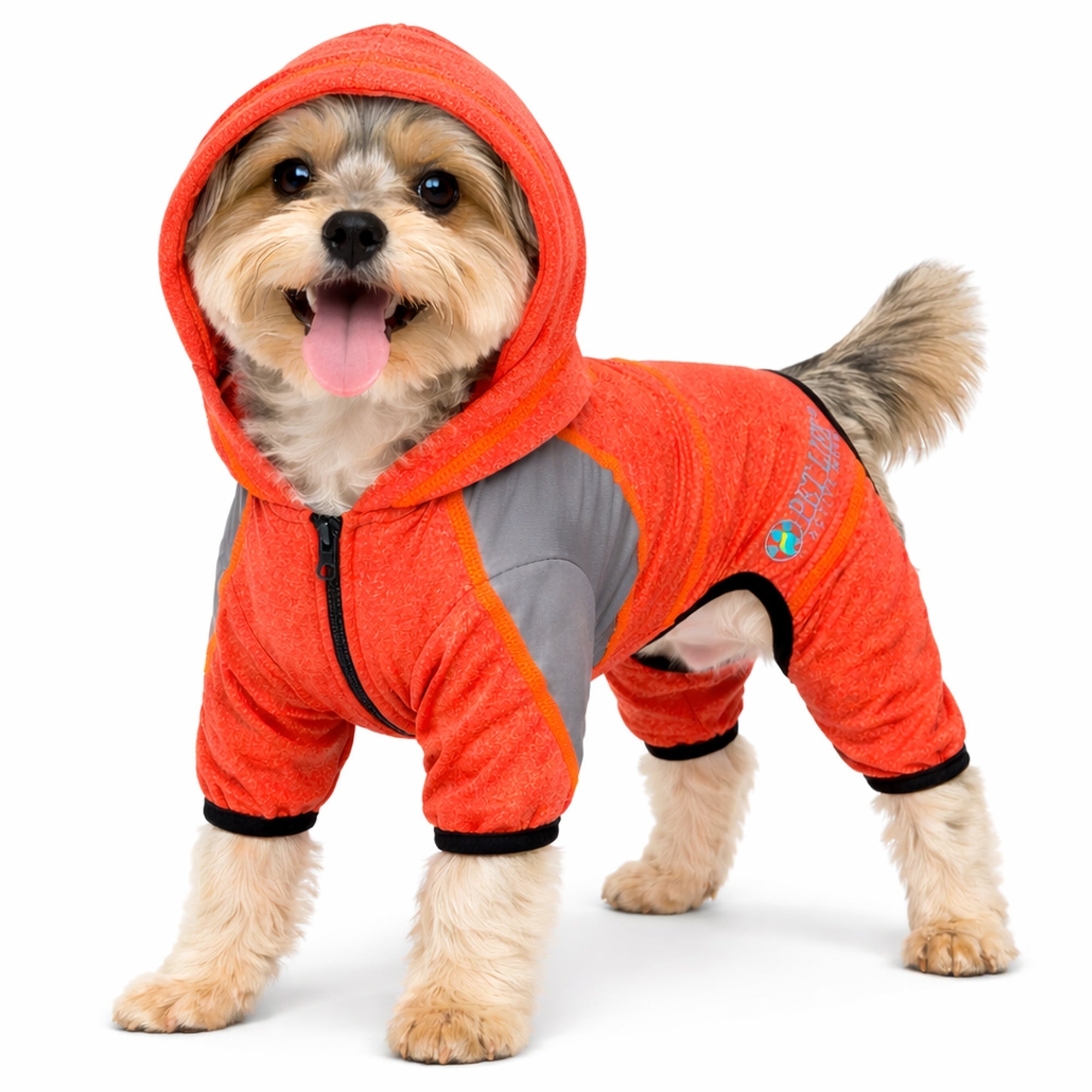 Pet Life ® Active 'Fur-Breeze' Medium-weight 4-Way-Stretch Full Body Hooded Dog Yoga sweater Fire Red And Light Gray