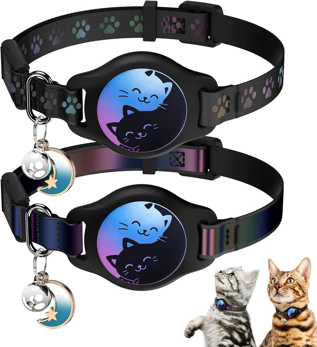2-Pack AirTag Cat Collars with Breakaway Buckle, Reflective & Waterproof Black