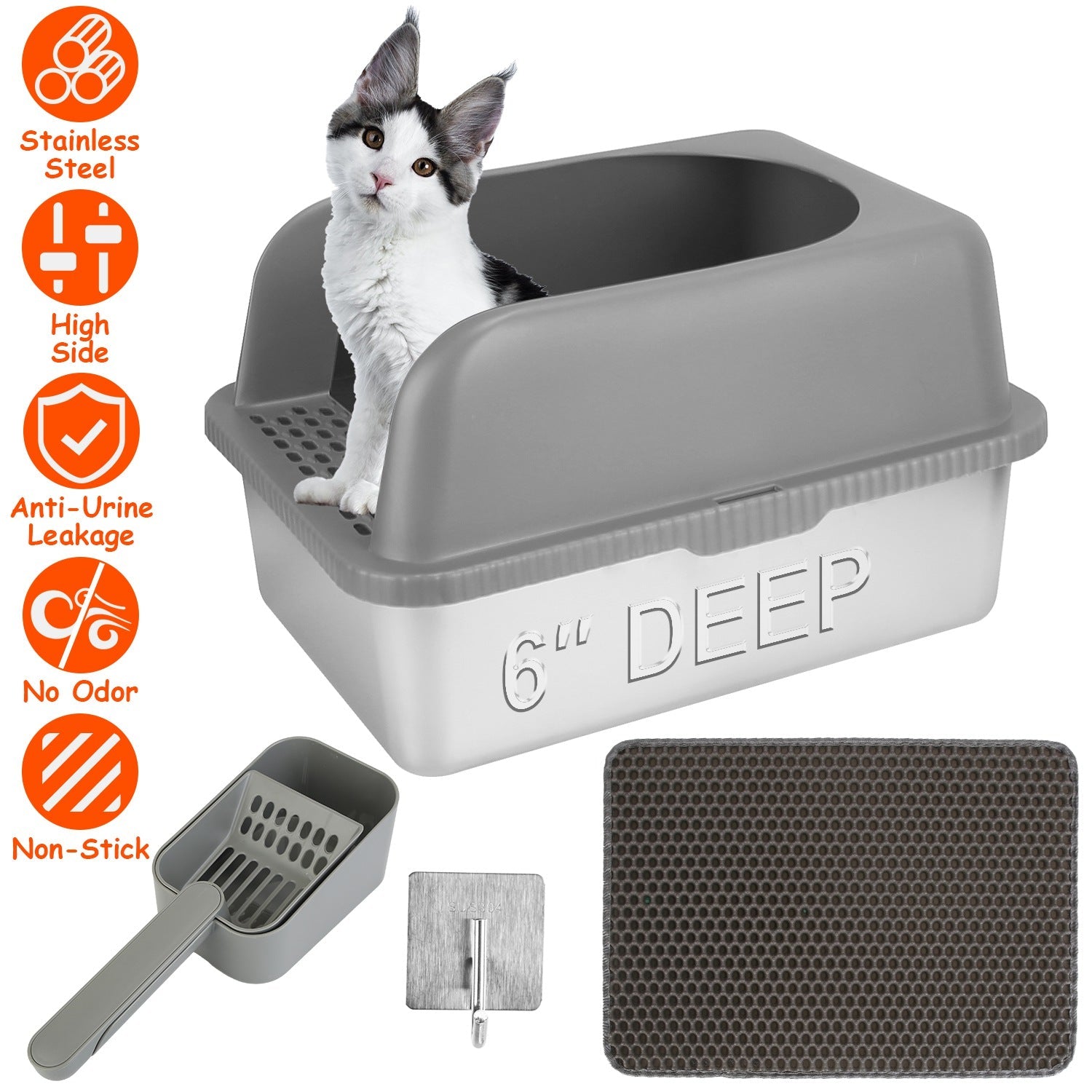 Enclosed Stainless Steel Cat Litter Box with Lid - 20L