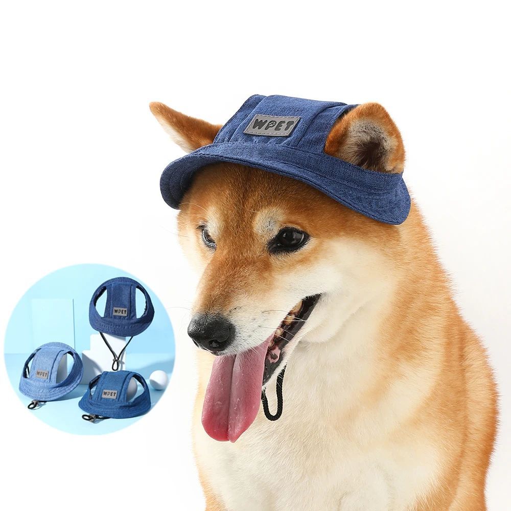 Pet Hat With Ear Holes For Medium Small Dogs Adjustable Summer Pets Dog Outdoor Sun Cap Cat Puppy Denim Color Canvas Visor Caps