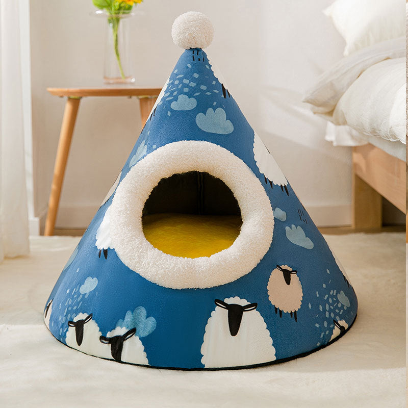 Triangle Yurt House Cat Litter For Cats Enclosed Pet Litter White lamb