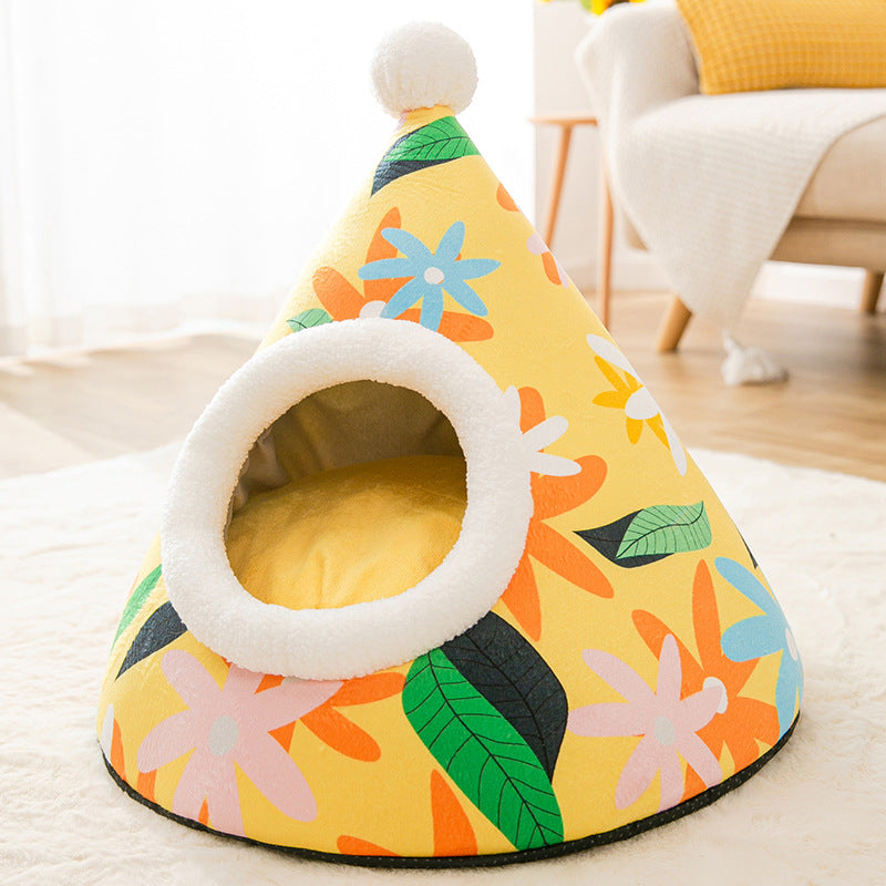 Triangle Yurt House Cat Litter For Cats Enclosed Pet Litter Colorful daisies