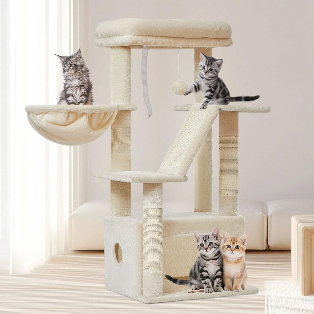 38-Inch Cat Tree for Indoor Cats | Kitten Tower with Condo, Hammock & Perch 38.5 Inches Beige