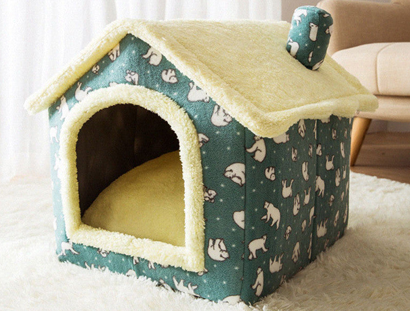 Foldable Dog House Pet Cat Bed Winter Dog Villa Sleep Kennel Removable Nest Warm Enclosed Cave Sofa Pets Supplies Green bear den