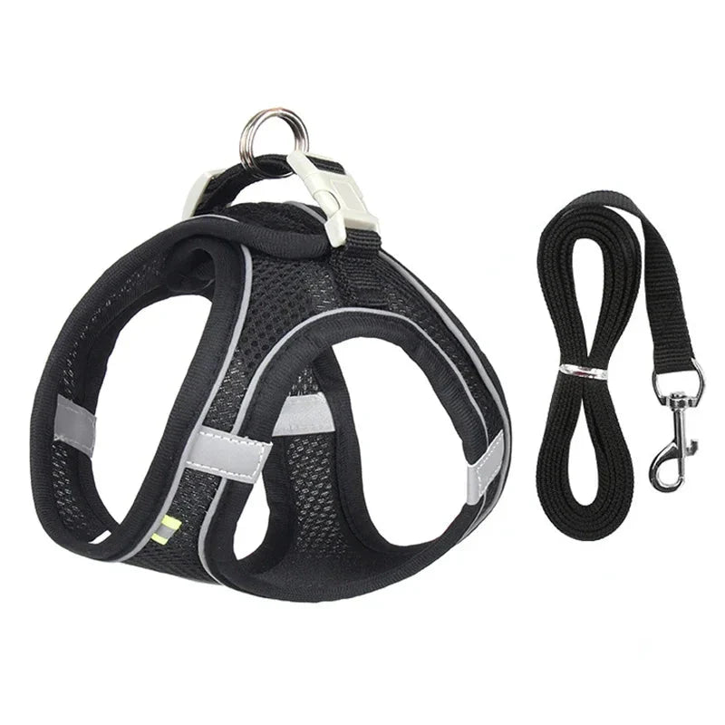 Adjustable Reflective Puppy Harness and Leash Set – Soft Breathable Vest for Small Dogs and Cats black