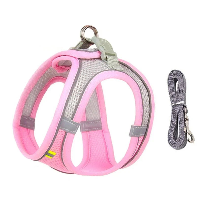 Adjustable Reflective Puppy Harness and Leash Set – Soft Breathable Vest for Small Dogs and Cats Pink