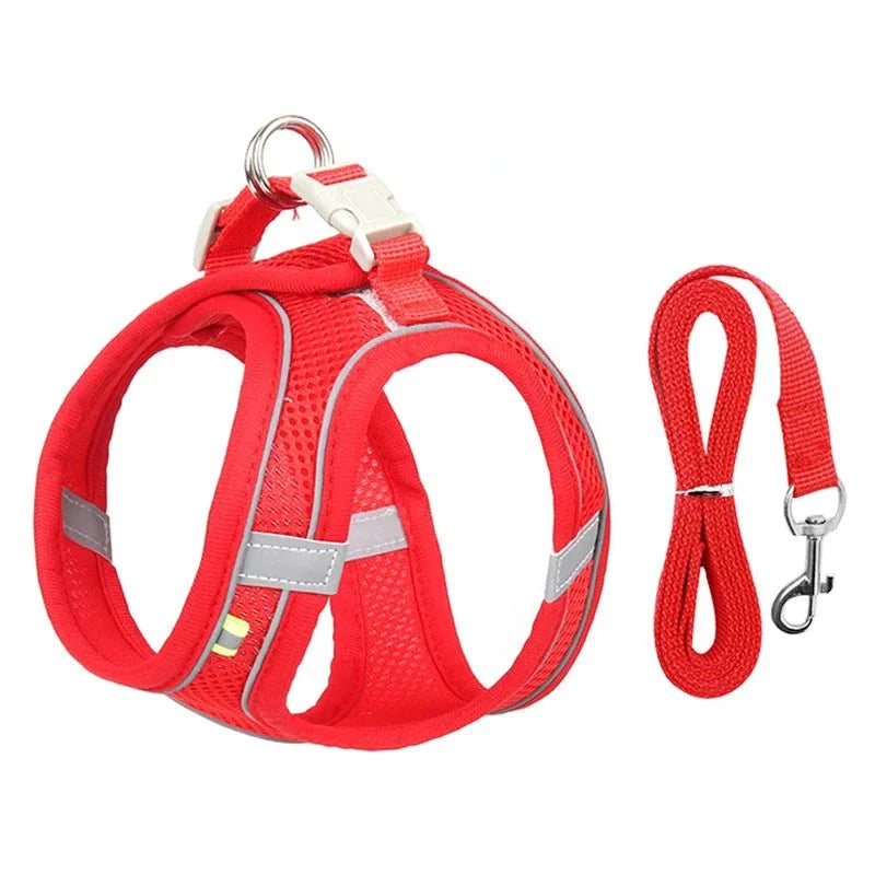 Adjustable Reflective Puppy Harness and Leash Set – Soft Breathable Vest for Small Dogs and Cats Red