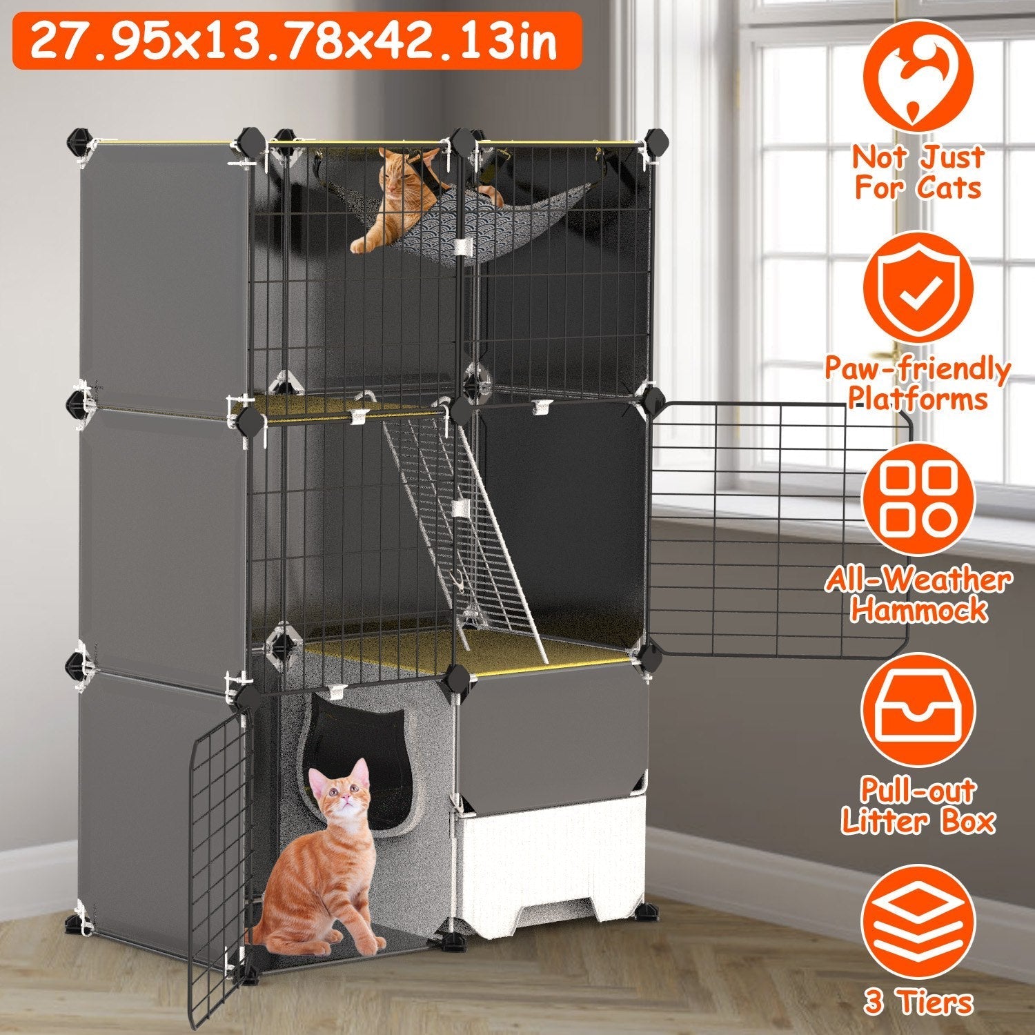 3-Tier Indoor Cat Cage with Litter Box, Hammock & Ladder, Detachable Metal Wire Cat Kennel Enclosure for 1–2 Kittens