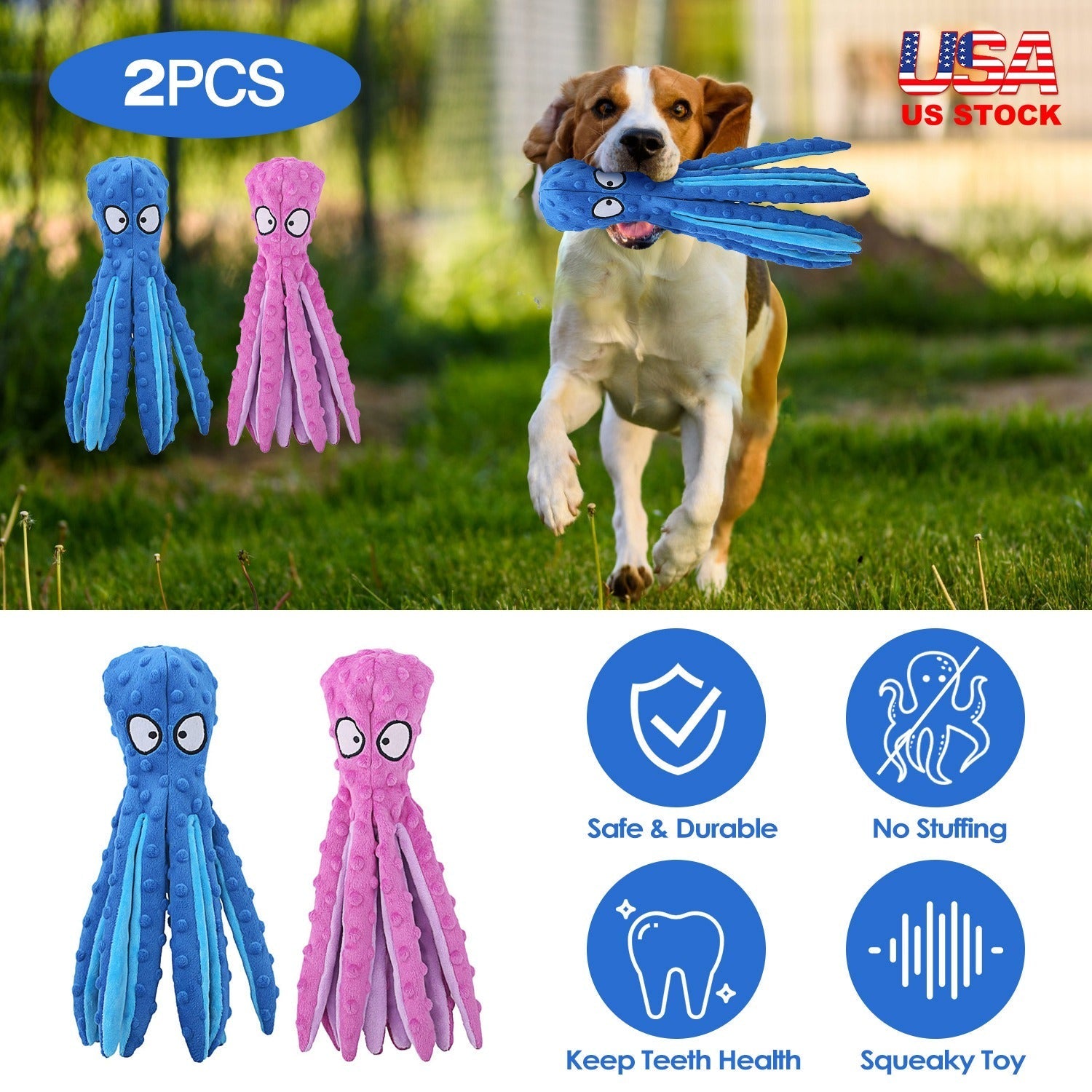 2Pcs Squeaky Dog Toys No Stuffing Crinkle Plush Octopus Dog Teething Toy Interactive Dog Toy Dog Training Toy For Puppy Small Medium Large Dog