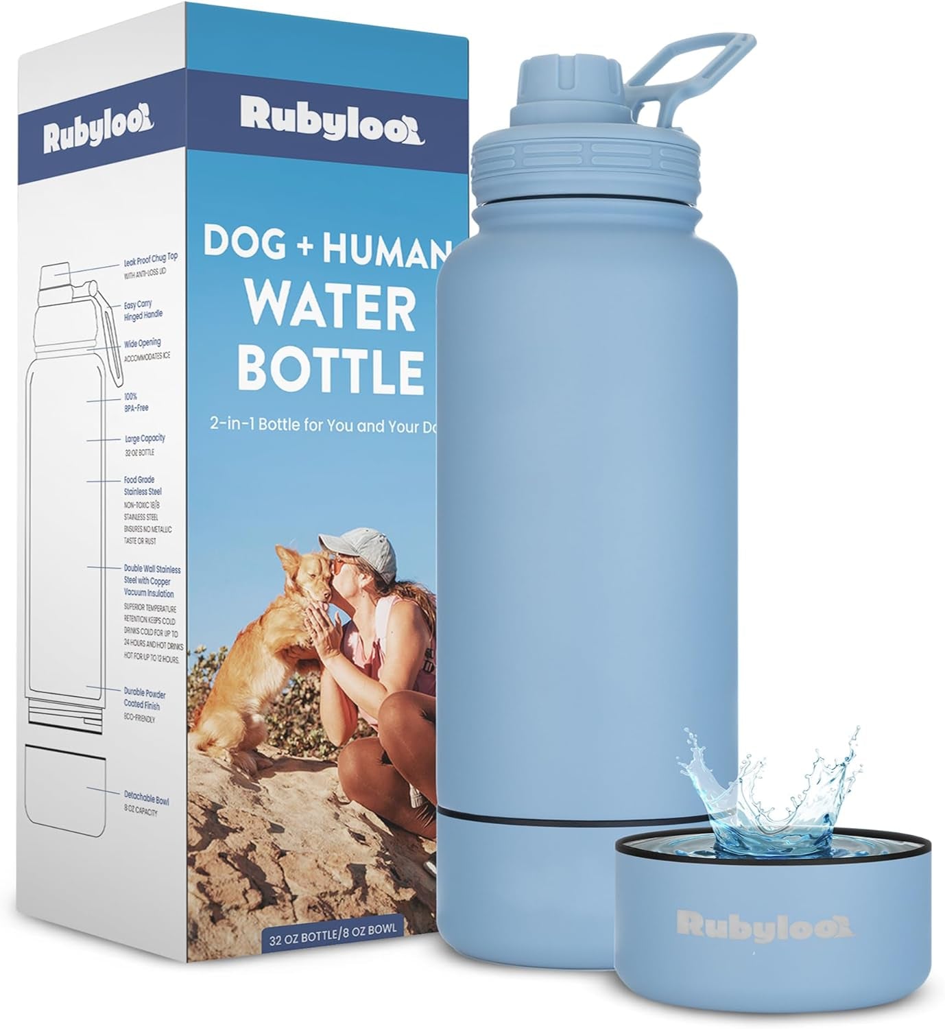 Dog Mom Water Bottle 32oz Insulated Stainless Steel with Dog Bowl Travel Solid Dusty Blue