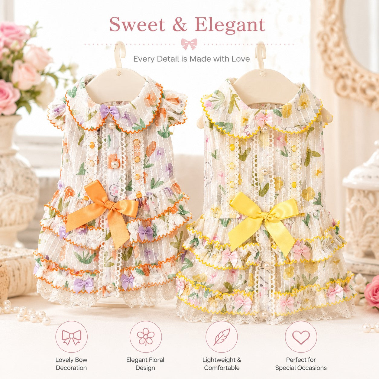 Floral Lace Dog Dress | Cottagecore Pet Princess Dress with Bow & Pearl Buttons
