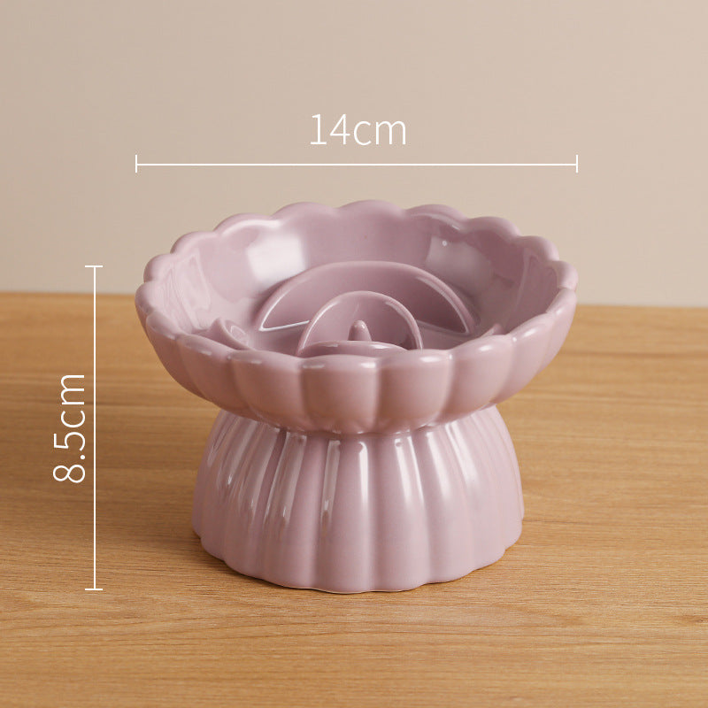 Elevated Ceramic Slow Feed Dish For Cats And Small Dogs, Flower Pool Design Pet Slow Feeder With Higher Edges,Raised Pet Bowl For Dry & Wet Food Purple