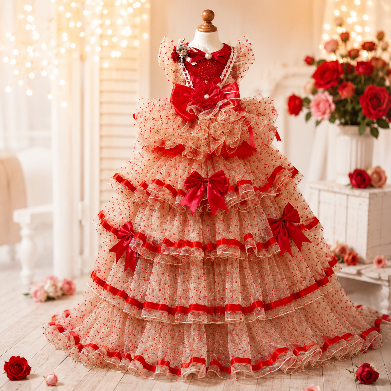Luxury Red Ivory Pet Wedding Gown with Long Train