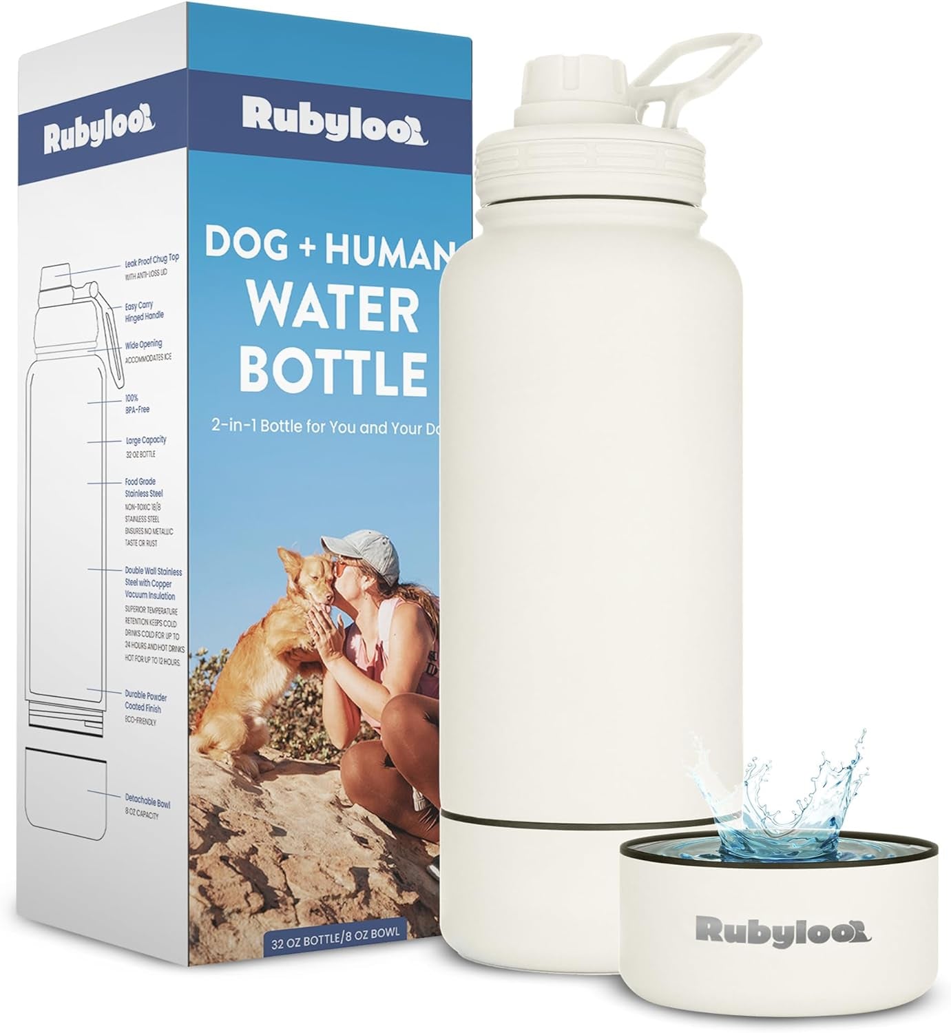 Dog Mom Water Bottle 32oz Insulated Stainless Steel with Dog Bowl Travel Solid Cream