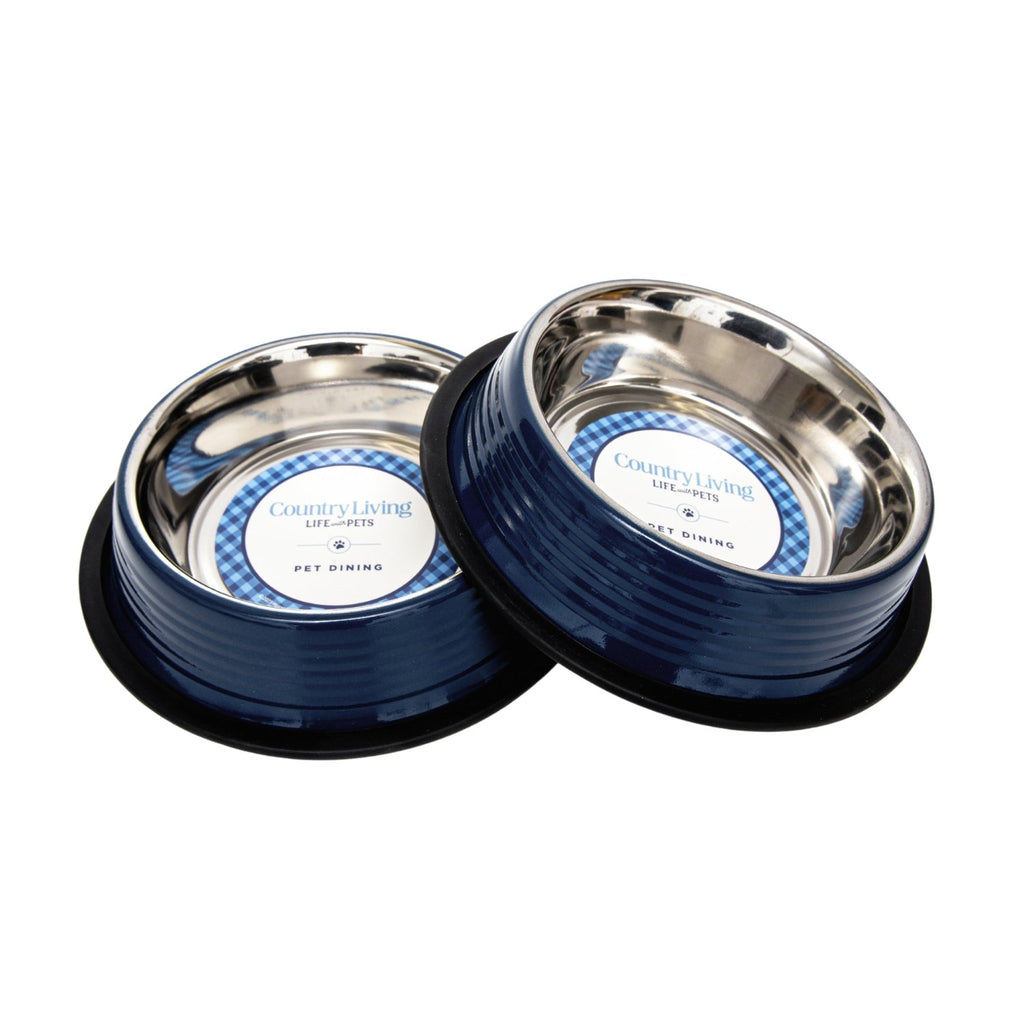 Country Living Set of 2 Ribbed Non-Slip Pet Bowls – Poseidon Blue 64 oz
