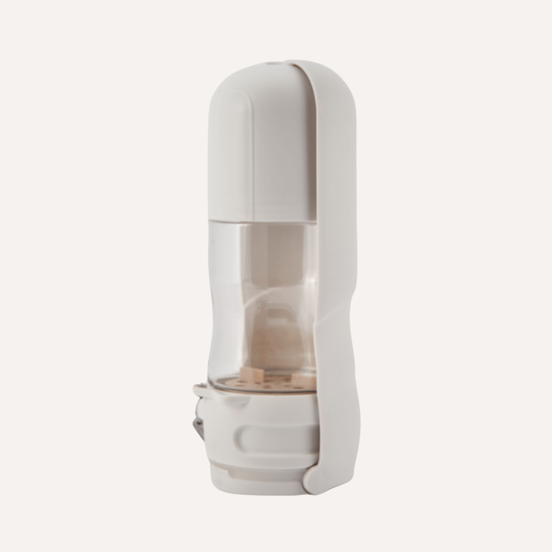 Tilley + Me Travel Dog Water Bottle with Treat Holder – Leakproof & BPA-Free 350mL Bone White (get it?)